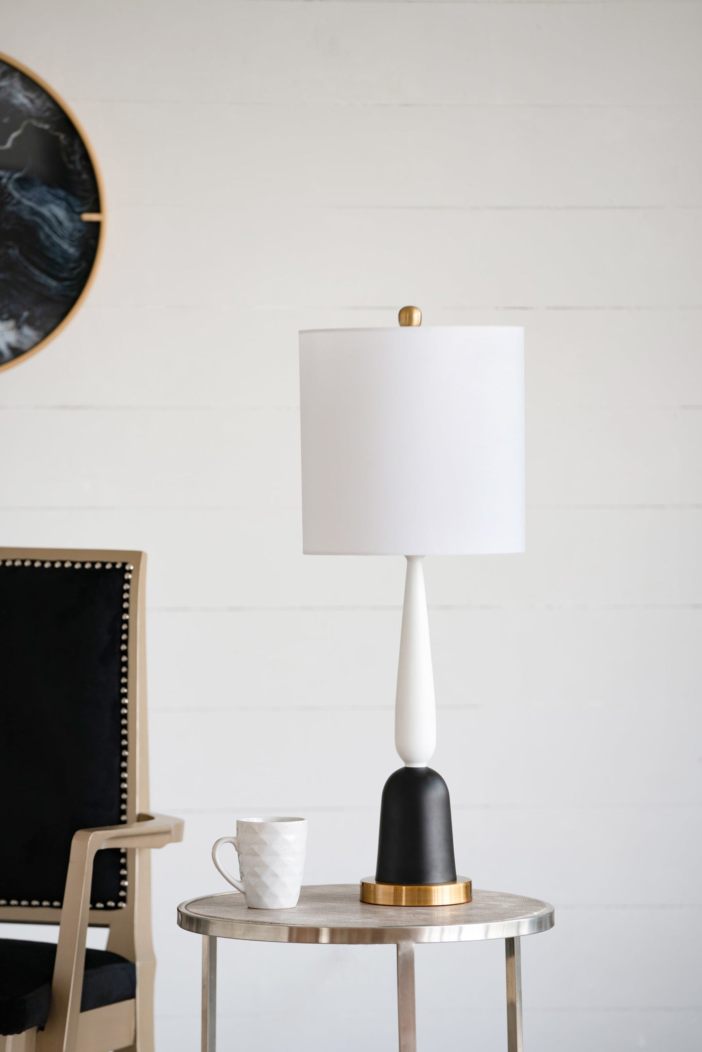 Teardrop Silhouette Table Lamp HouseOfZazla white shade white stem black base with brass accents on Tampa Home & Garden Store