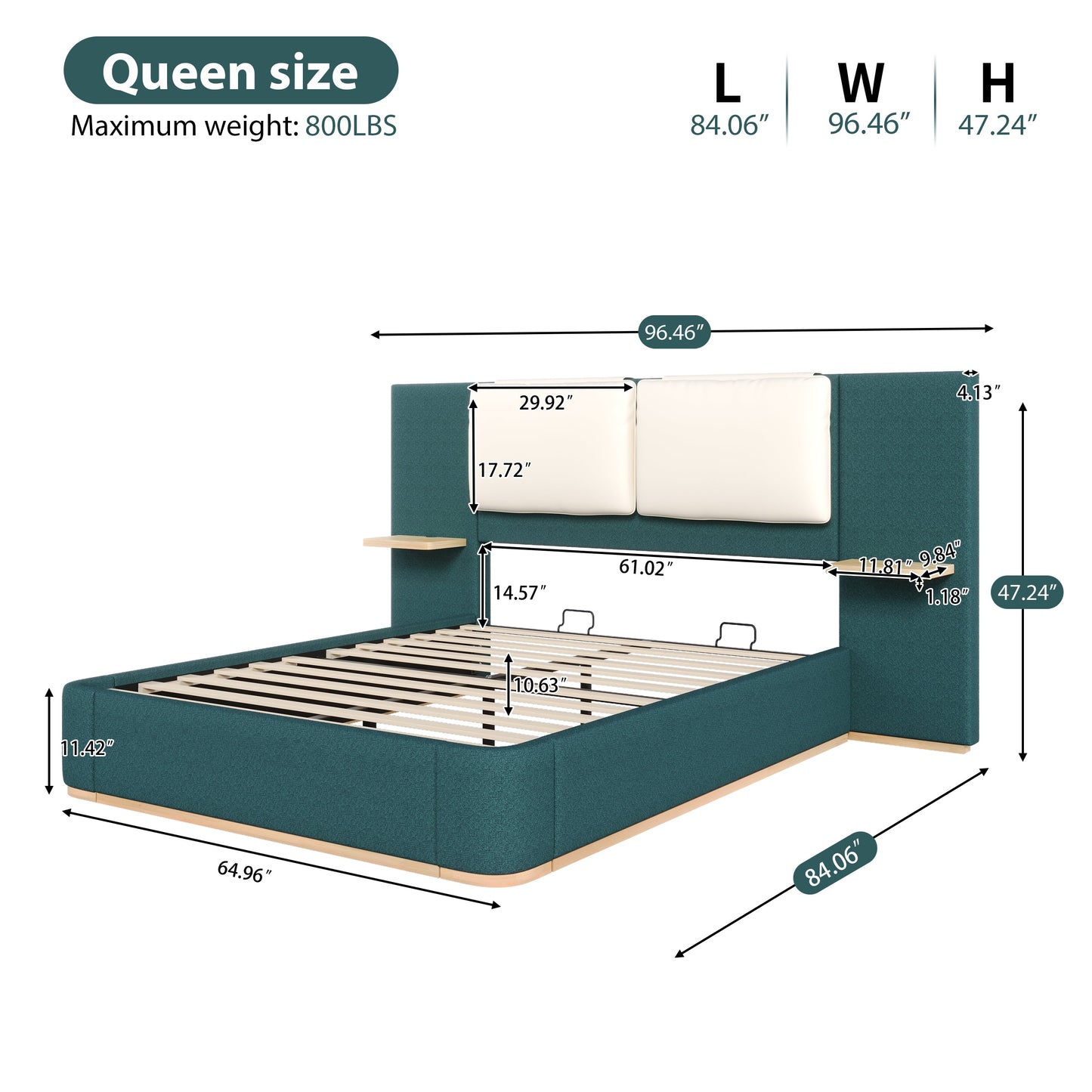 Queen size upholstered platform bed with teal fabric panel headboard by HouseOfZazla on Tampa Home & Garden Store