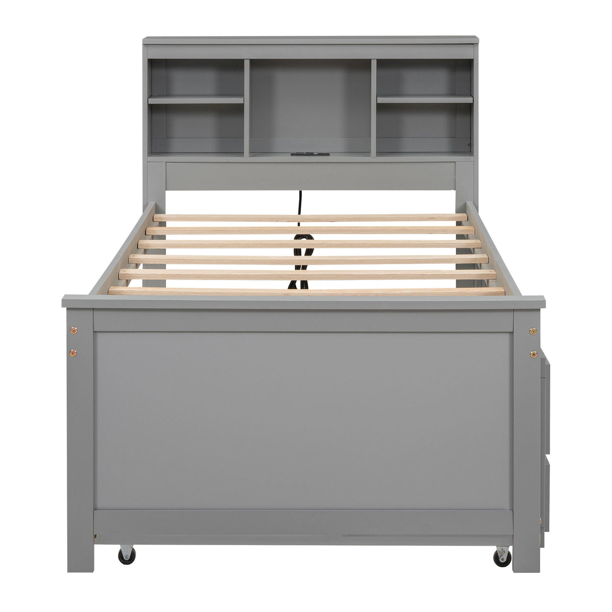 Platform bed with gray storage headboard and side shelves, slatted frame. on Tampa Home & Garden Store