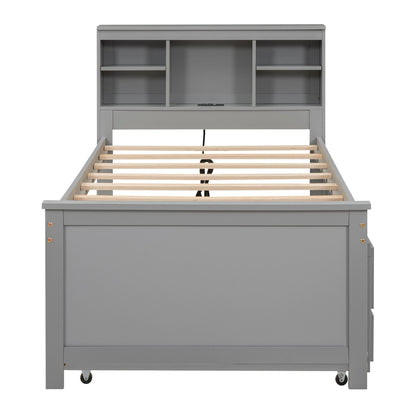 Platform bed with gray storage headboard and side shelves, slatted frame. on Tampa Home & Garden Store