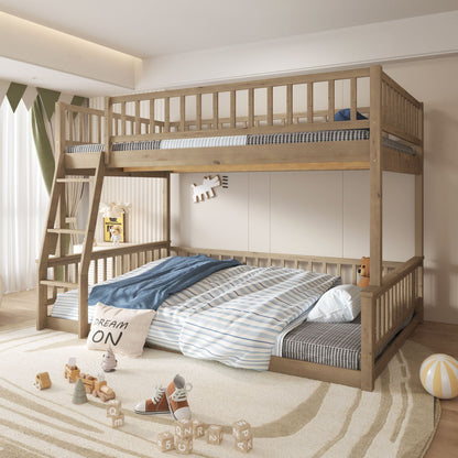 Natural wood bunk bed with ladder and guardrails, blue striped bedding in a kid's room on Tampa Home & Garden Store