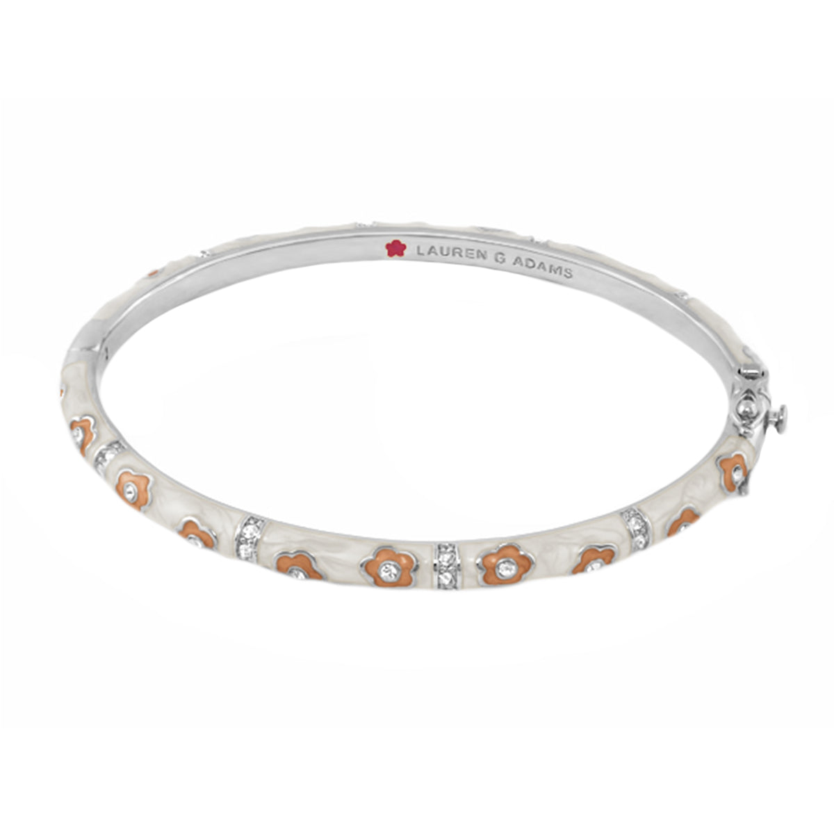 Stackable Daisy Love Bangle by Lauren G Adams, silver bracelet with orange enamel daisies on Tampa Home & Garden Store
