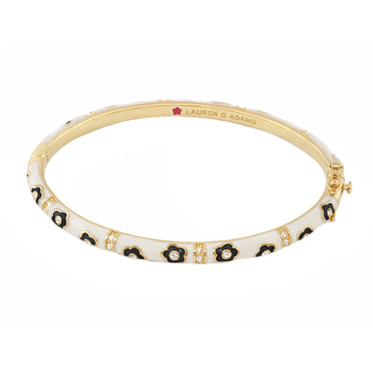 Daisy Love Stackable Bangle, white enamel with black flowers, gold-tone band with crystals on Tampa Home & Garden Store