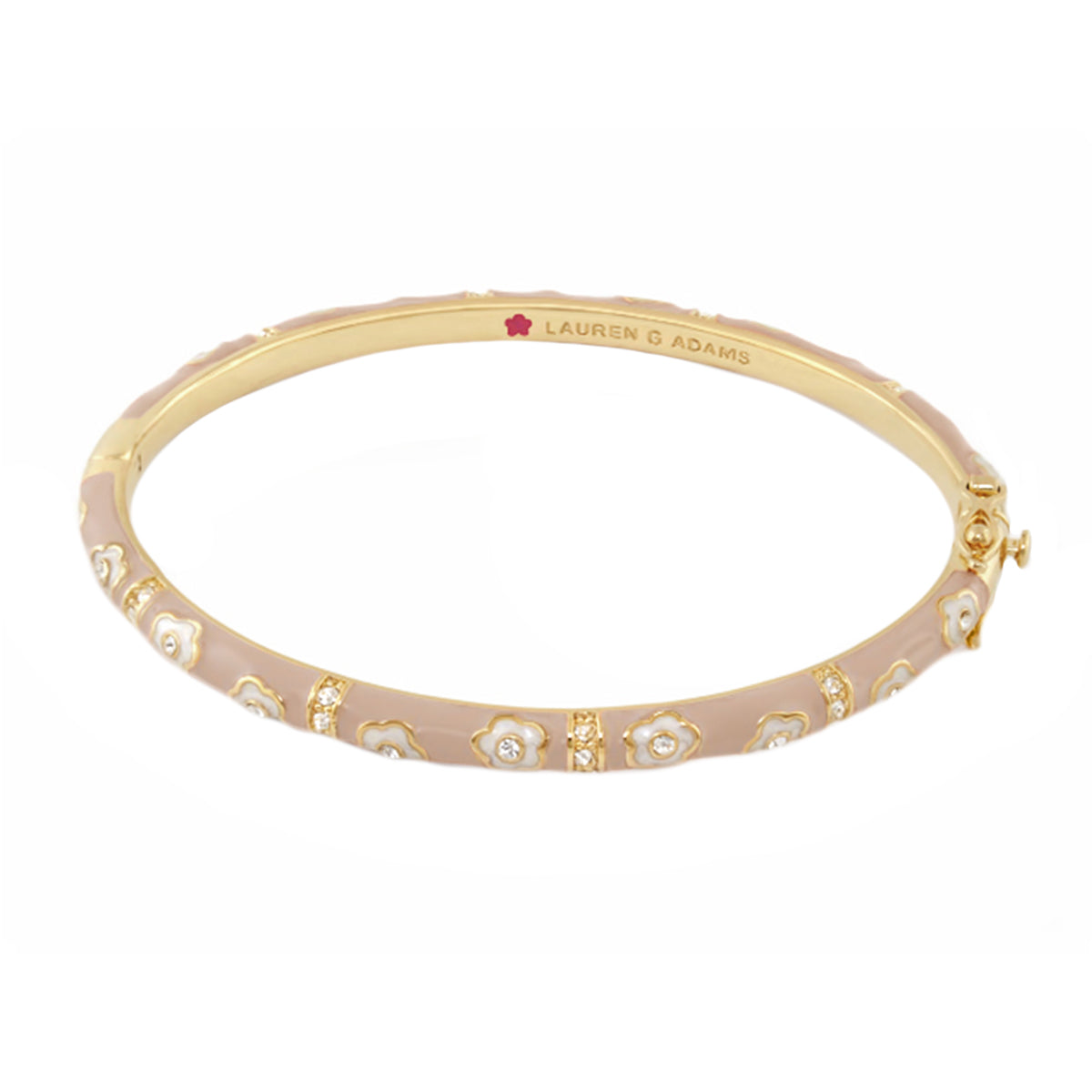Daisy Love Stackable Bangle by Lauren G Adams, pink enamel with white floral motifs on gold on Tampa Home & Garden Store