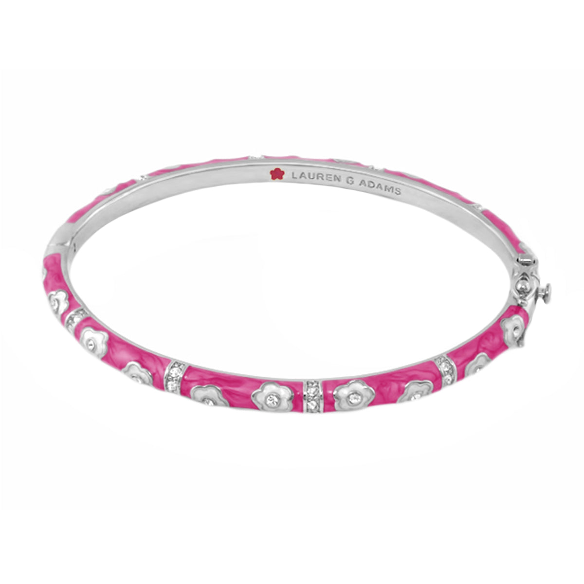 Daisy Love Stackable Bangle by Lauren G Adams, pink enamel with silver daisy motifs on Tampa Home & Garden Store