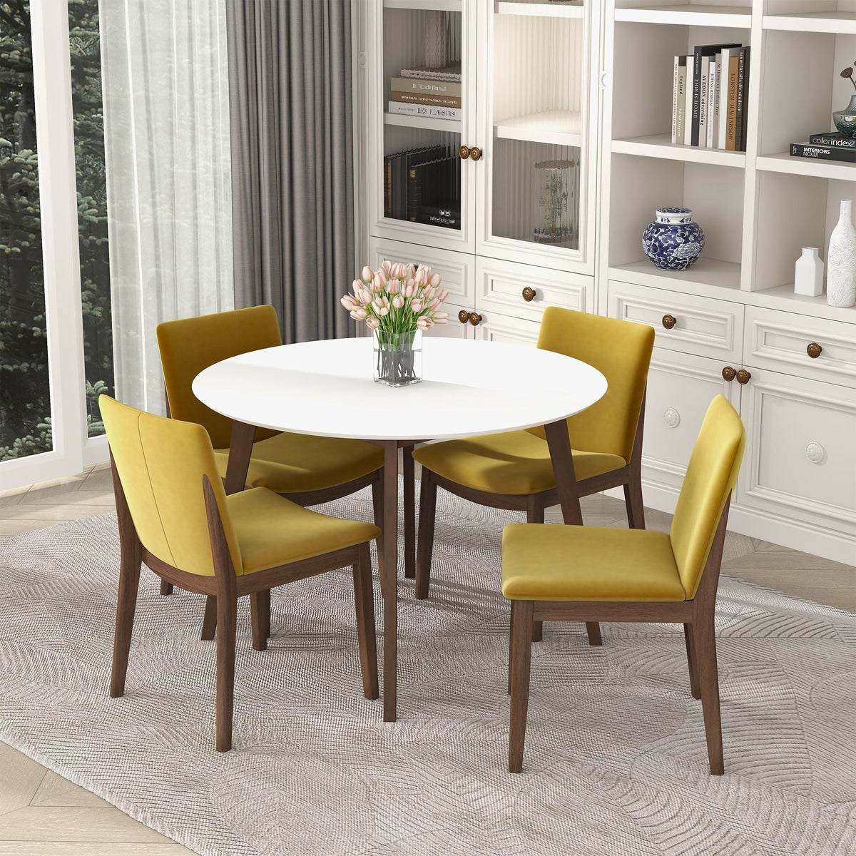 White solid wood dining table Alina with water-resistant finish; round top, dark brown legs on Tampa Home & Garden Store