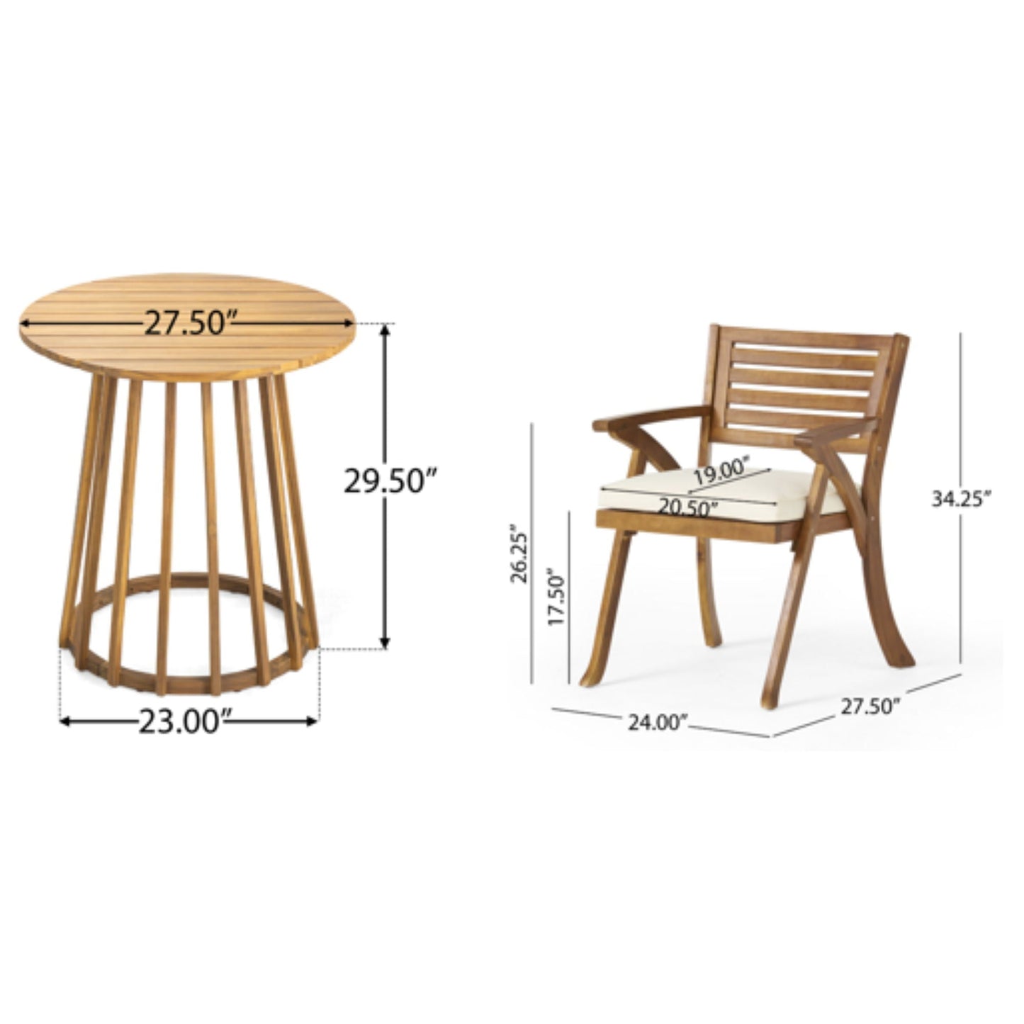 Outdoor 3 Piece Acacia Dining Set with Cushions