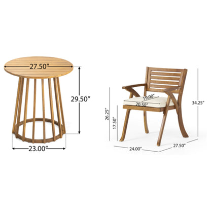 Outdoor 3 Piece Acacia Dining Set with Cushions