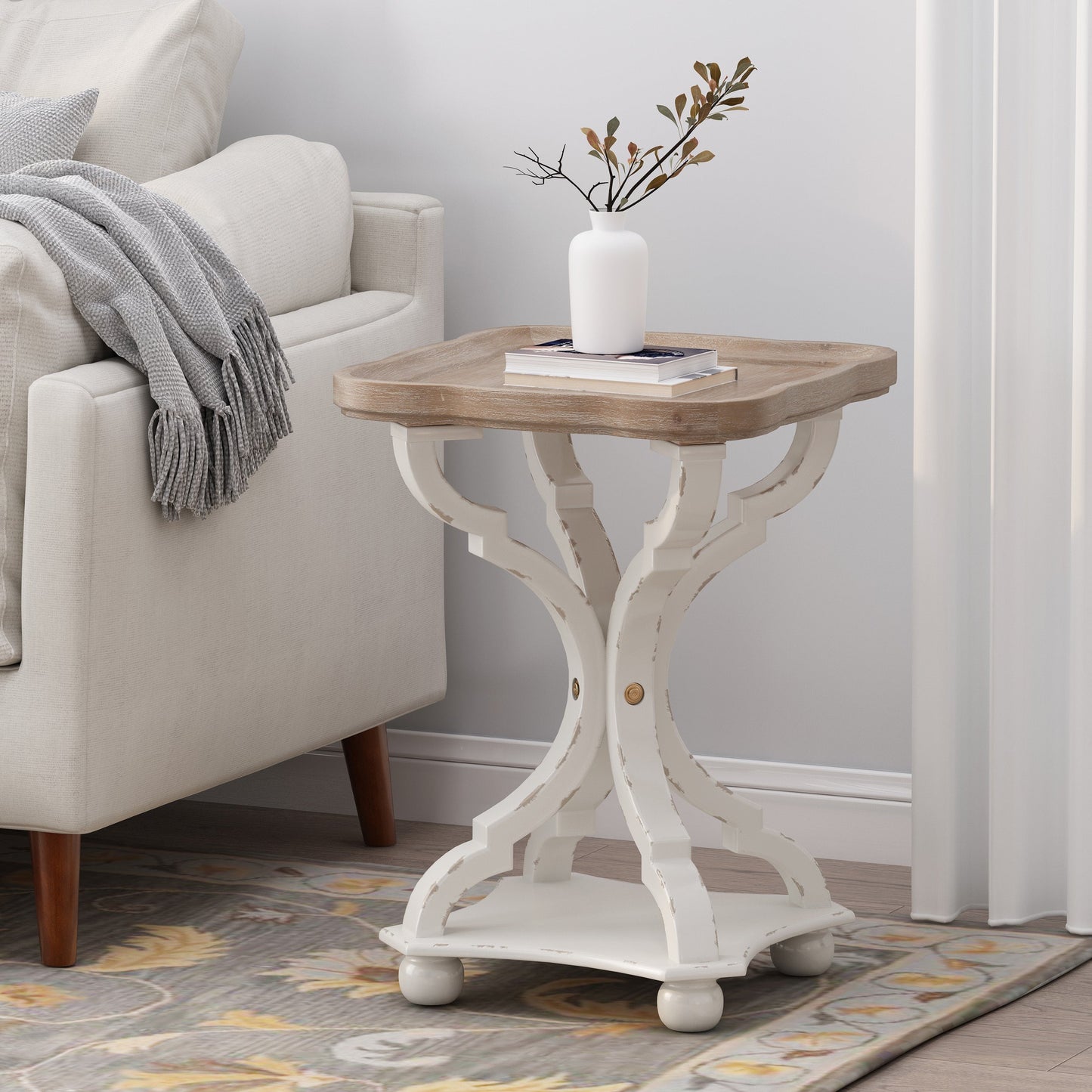 Accent table with hourglass white distressed base and natural wood top by HouseOfZazla on Tampa Home & Garden Store