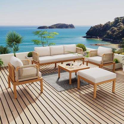 Outdoor 5-Piece Acacia Wood Rope Patio Sofa Set includes sofa chairs ottomans on Tampa Home & Garden Store