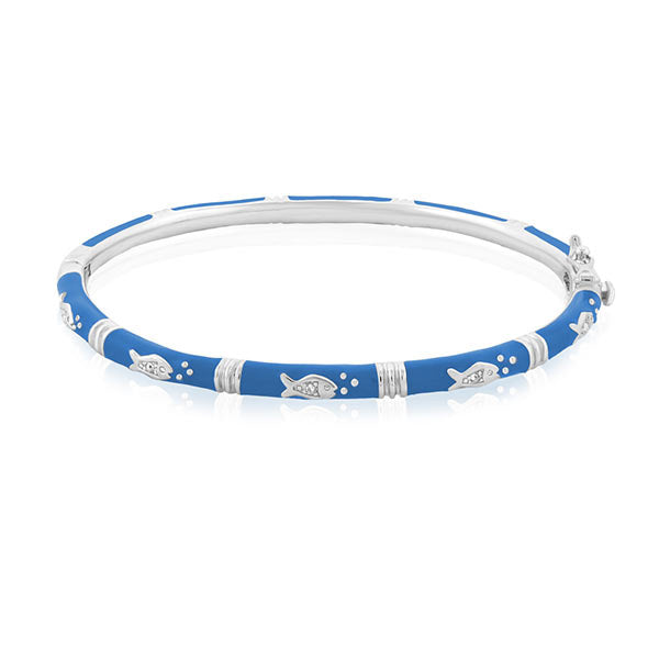 Ocean Love Bangle bracelet in blue enamel with silver fish charms, stackable on Tampa Home & Garden Store