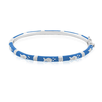 Ocean Love Bangle bracelet in blue enamel with silver fish charms, stackable on Tampa Home & Garden Store