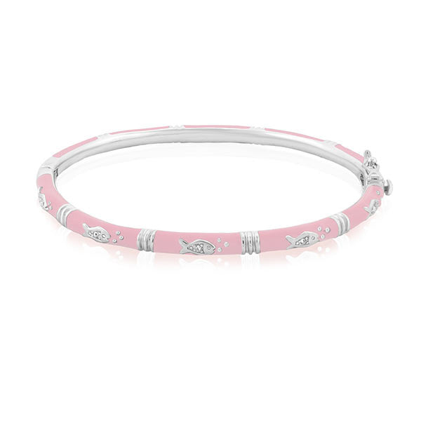 Ocean Love Bangle pink enamel stackable bracelet with silver fish charms by Lauren G Adams on Tampa Home & Garden Store