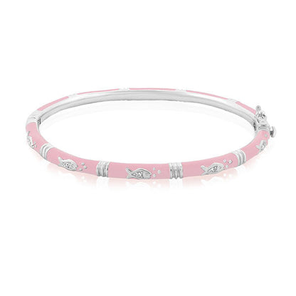 Ocean Love Bangle pink enamel stackable bracelet with silver fish charms by Lauren G Adams on Tampa Home & Garden Store