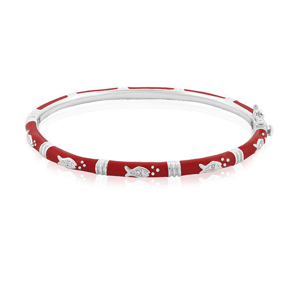 Ocean Love Bangle red enamel stackable bracelet with silver fish charms Lauren G Adams on Tampa Home & Garden Store