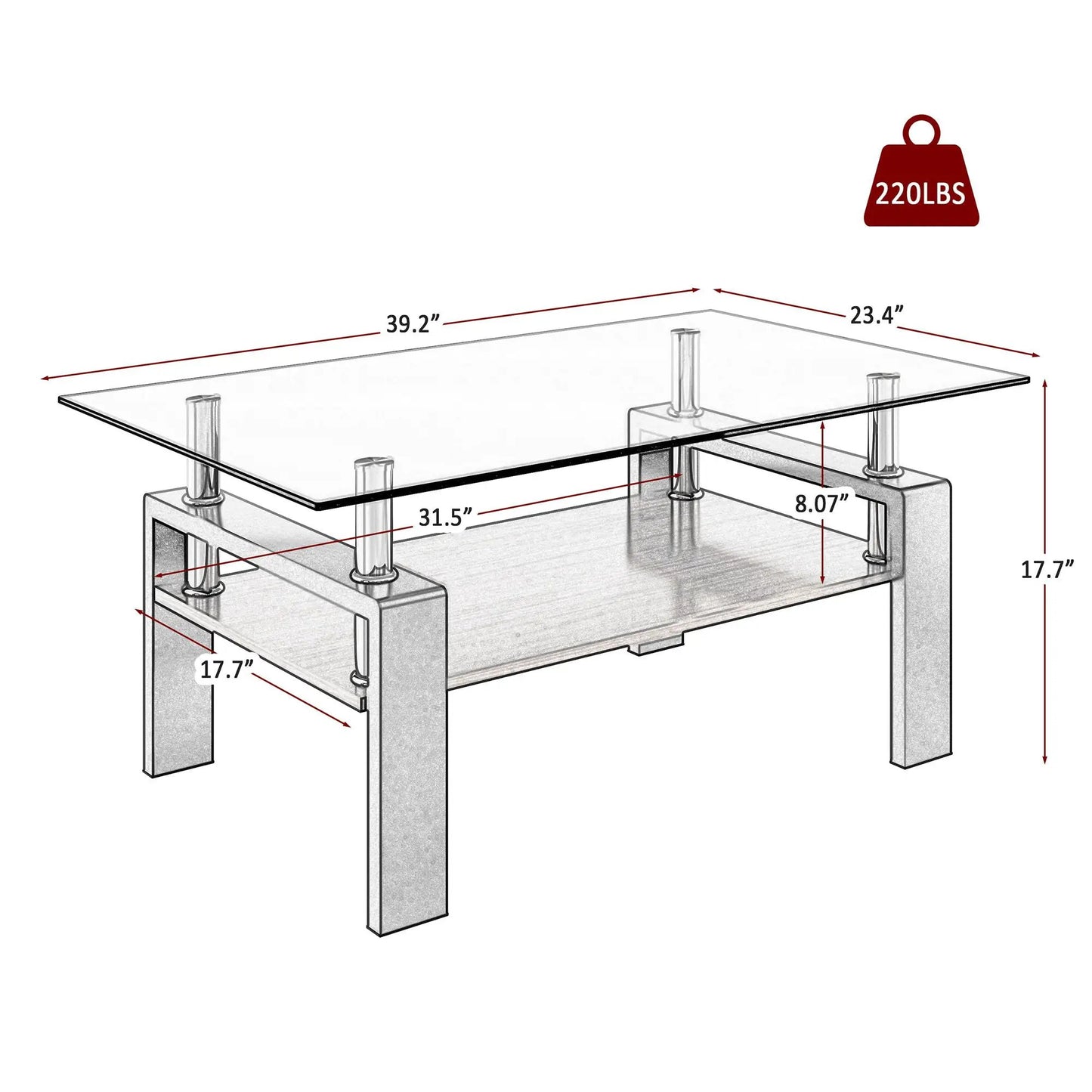 Rectangular Coffee Table With Tempered Glass Top