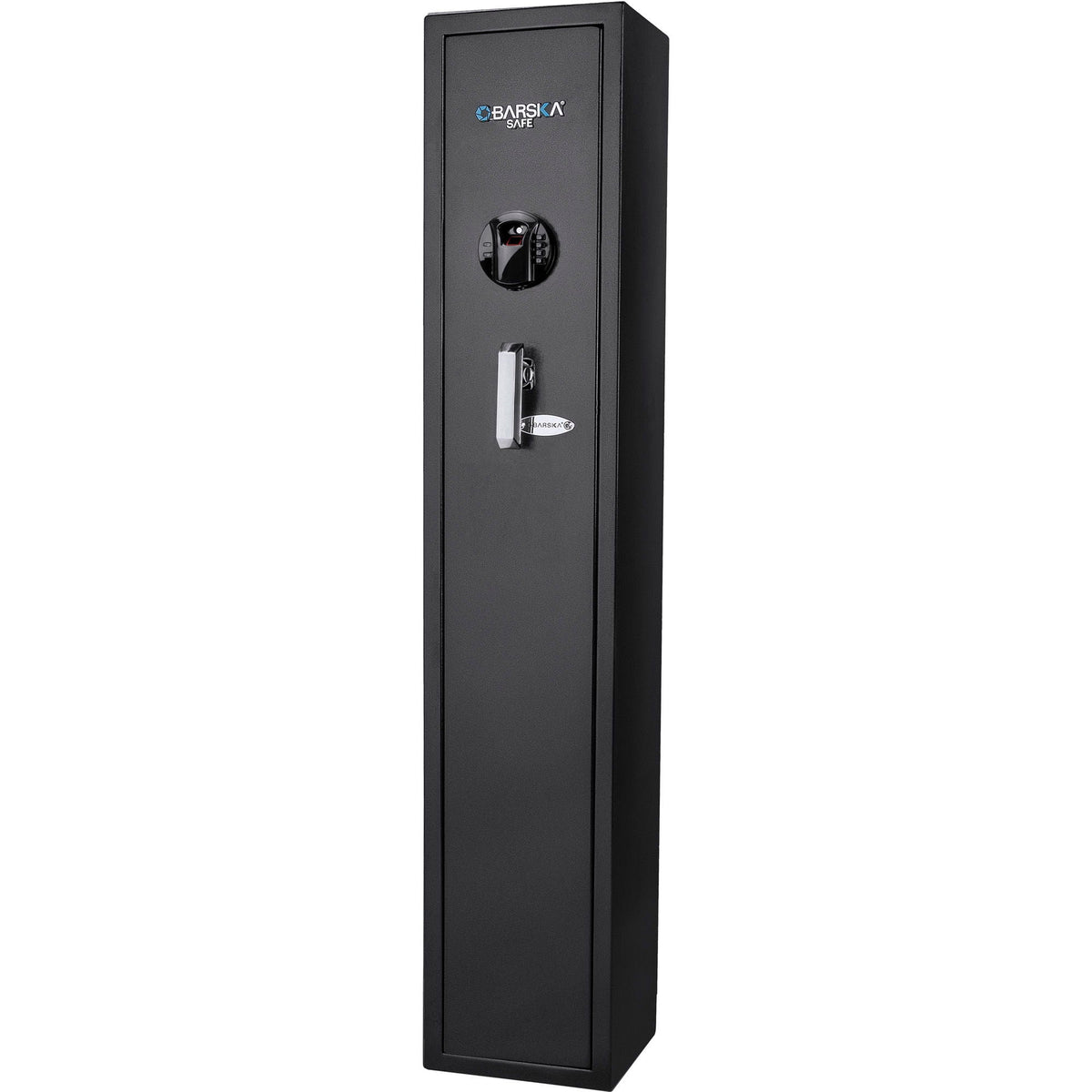 Biometric rifle safe in black steel, tall cabinet with circular keypad and silver handle BARSKA on Tampa Home & Garden Store