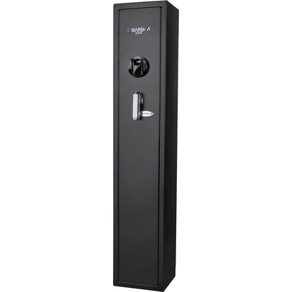 Biometric rifle safe in black steel, tall cabinet with circular keypad and silver handle BARSKA on Tampa Home & Garden Store
