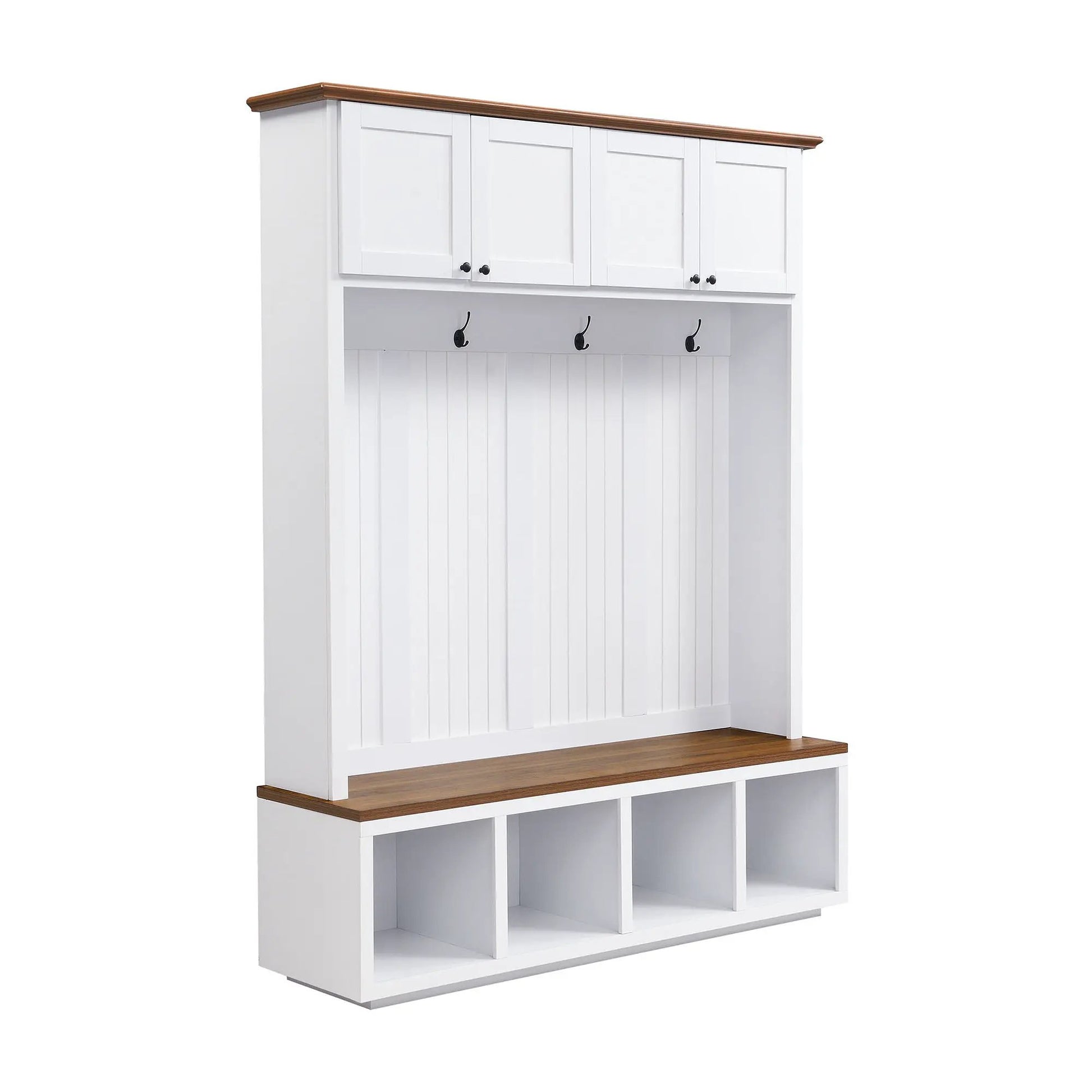 Entryway hall tree with bench and storage, white finish, brown wood top, Unique Piece Furniture on Tampa Home & Garden Store