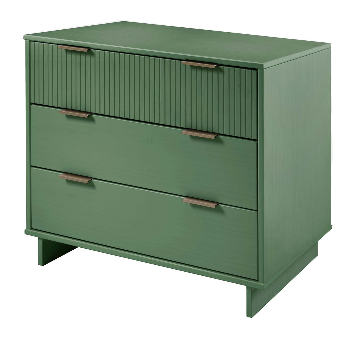 Solid wood 3-drawer dresser with ribbed front panels in green, bronze bar pulls on Tampa Home & Garden Store