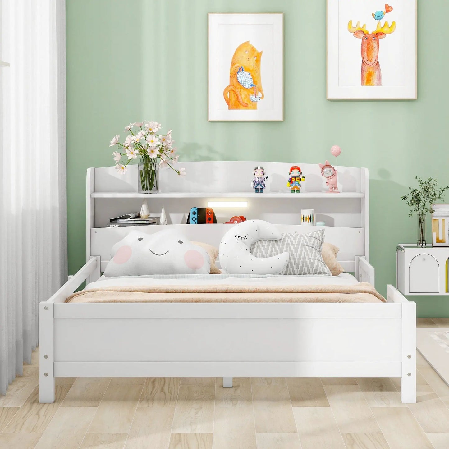 Wood Platform Bed With Led Light and Guardrail
