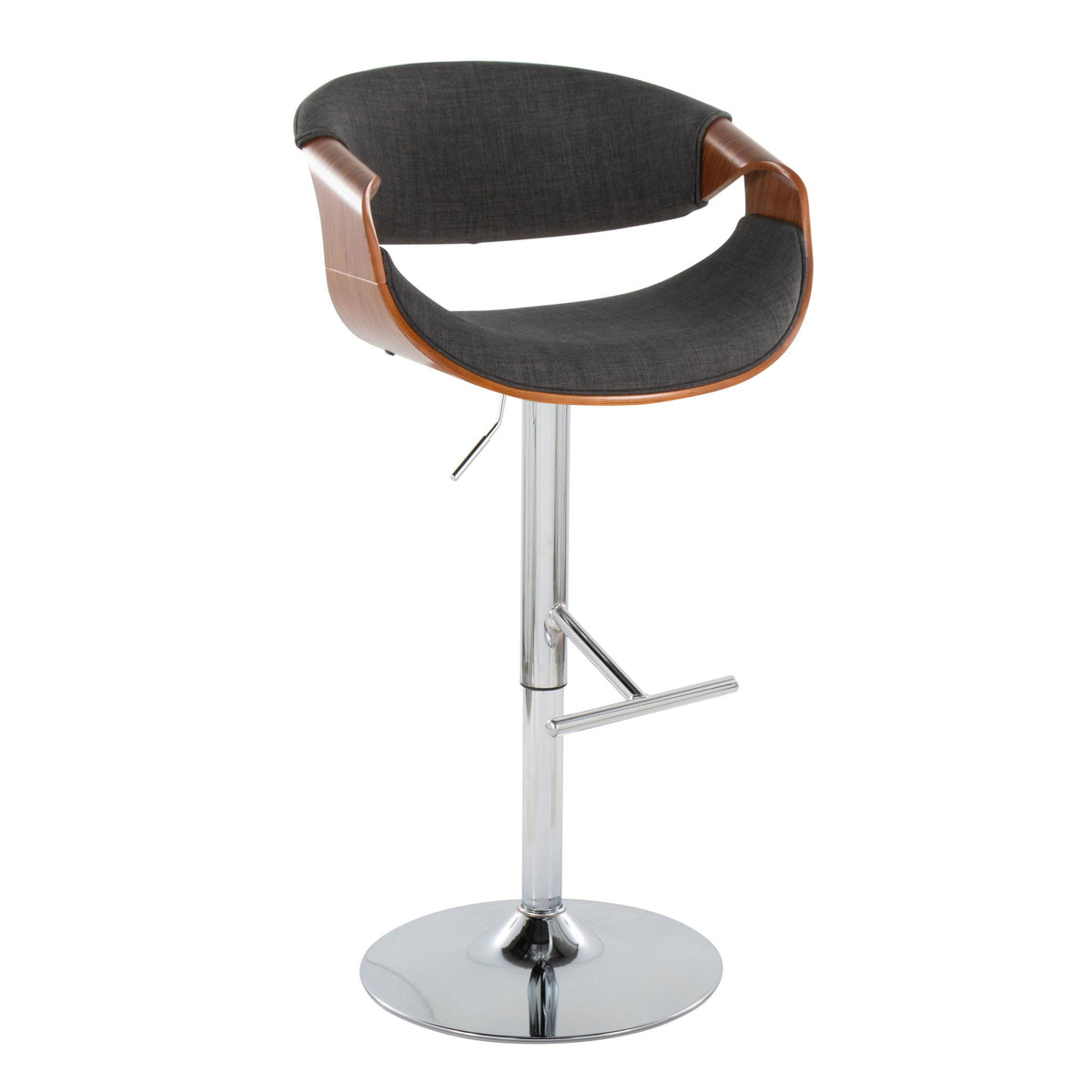 Mid century modern adjustable barstool with swivel, dark gray upholstery, chrome pedestal base on Tampa Home & Garden Store