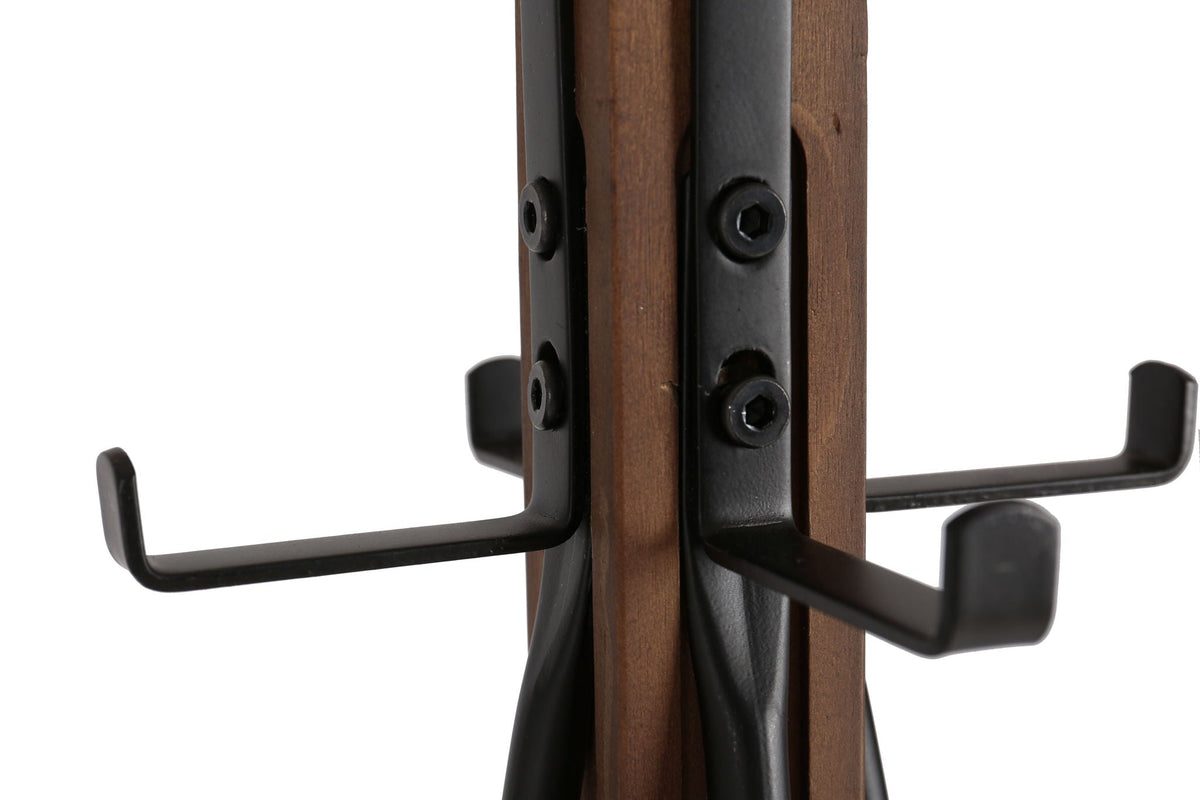 Freestanding coat rack with natural reclaimed wood and black metal hooks on Tampa Home & Garden Store