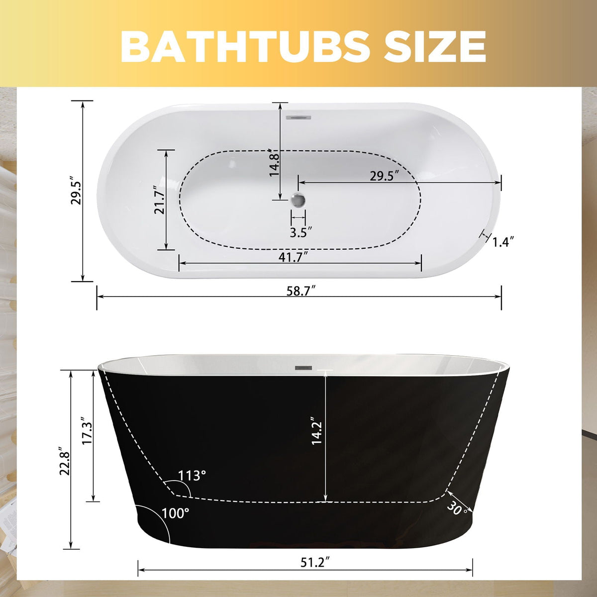 Glossy freestanding bathtubs white and black; toe-tap drain; 58.7 x 29.5 in HouseOfZazla on Tampa Home & Garden Store