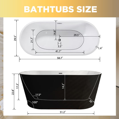 Glossy freestanding bathtubs white and black; toe-tap drain; 58.7 x 29.5 in HouseOfZazla on Tampa Home & Garden Store
