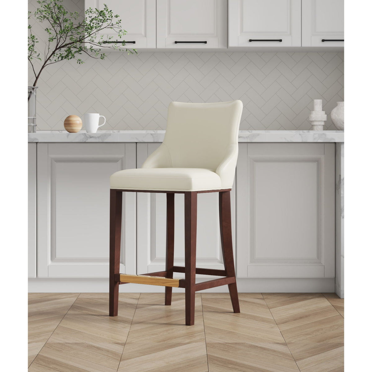 Ivory Bar Height Bar Stool with Backrest by HouseOfZazla, leatherette upholstery, brown legs on Tampa Home & Garden Store