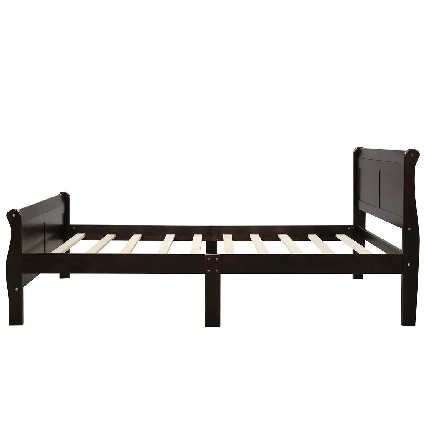 Platform bed frame by Unique Piece dark wood, sleigh headboard and footboard, slats support on Tampa Home & Garden Store