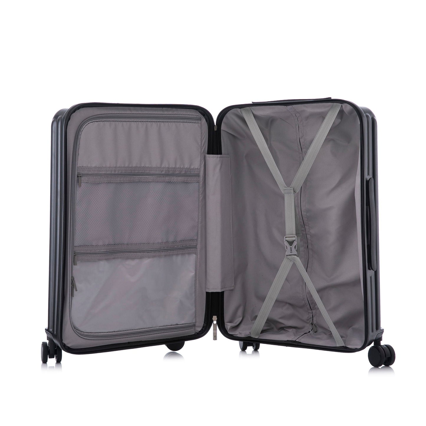 3-piece spinner luggage set interior with gray lining, zip pockets and compression straps on Tampa Home & Garden Store