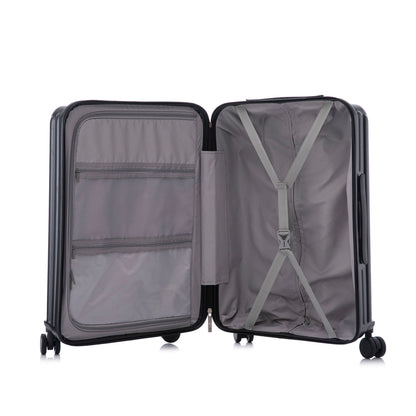 3-piece spinner luggage set interior with gray lining, zip pockets and compression straps on Tampa Home & Garden Store