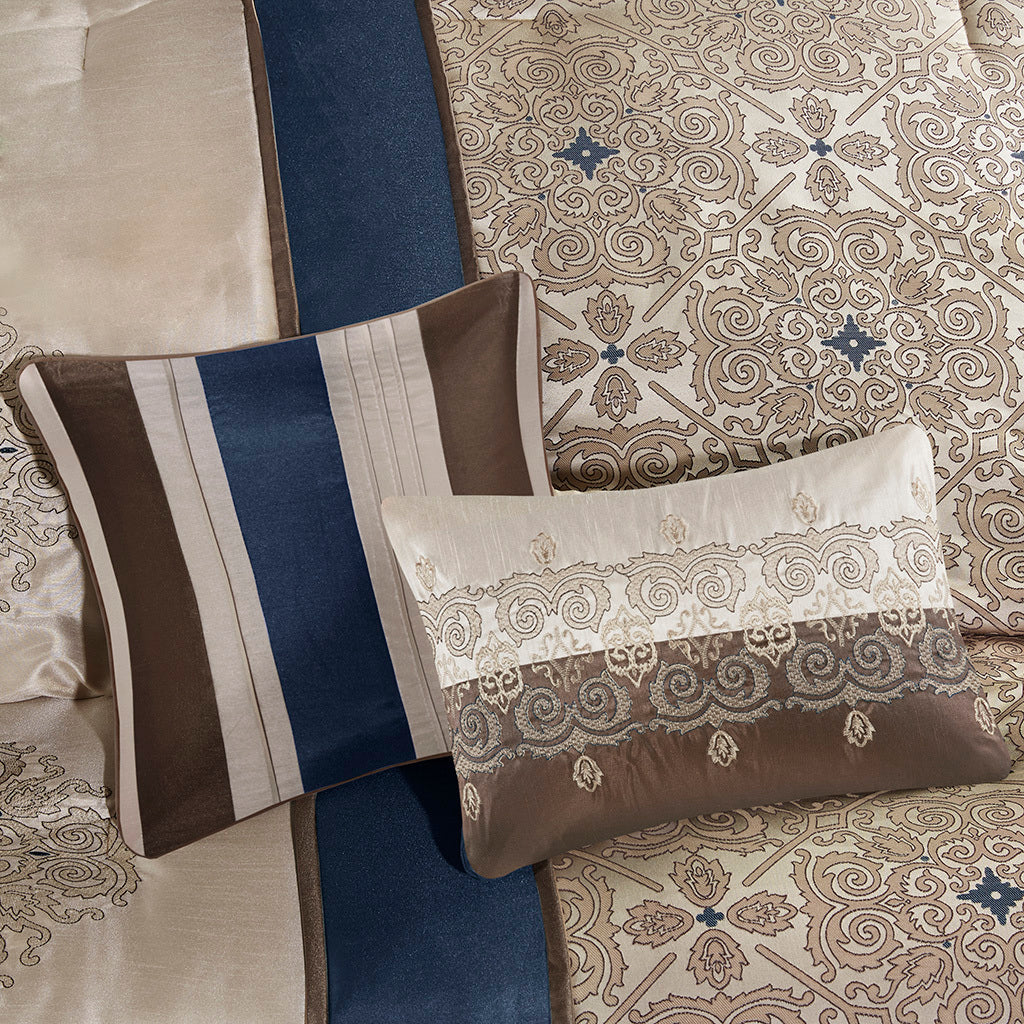 King 7 Piece Navy Jacquard and Throw Pillow Set