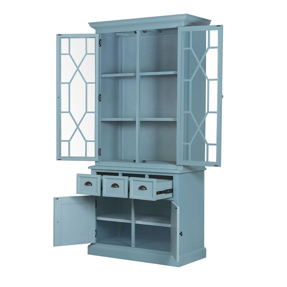 Solid acacia wood accent cabinet with blue finish and glass doors; 3 drawers by HouseOfZazla on Tampa Home & Garden Store