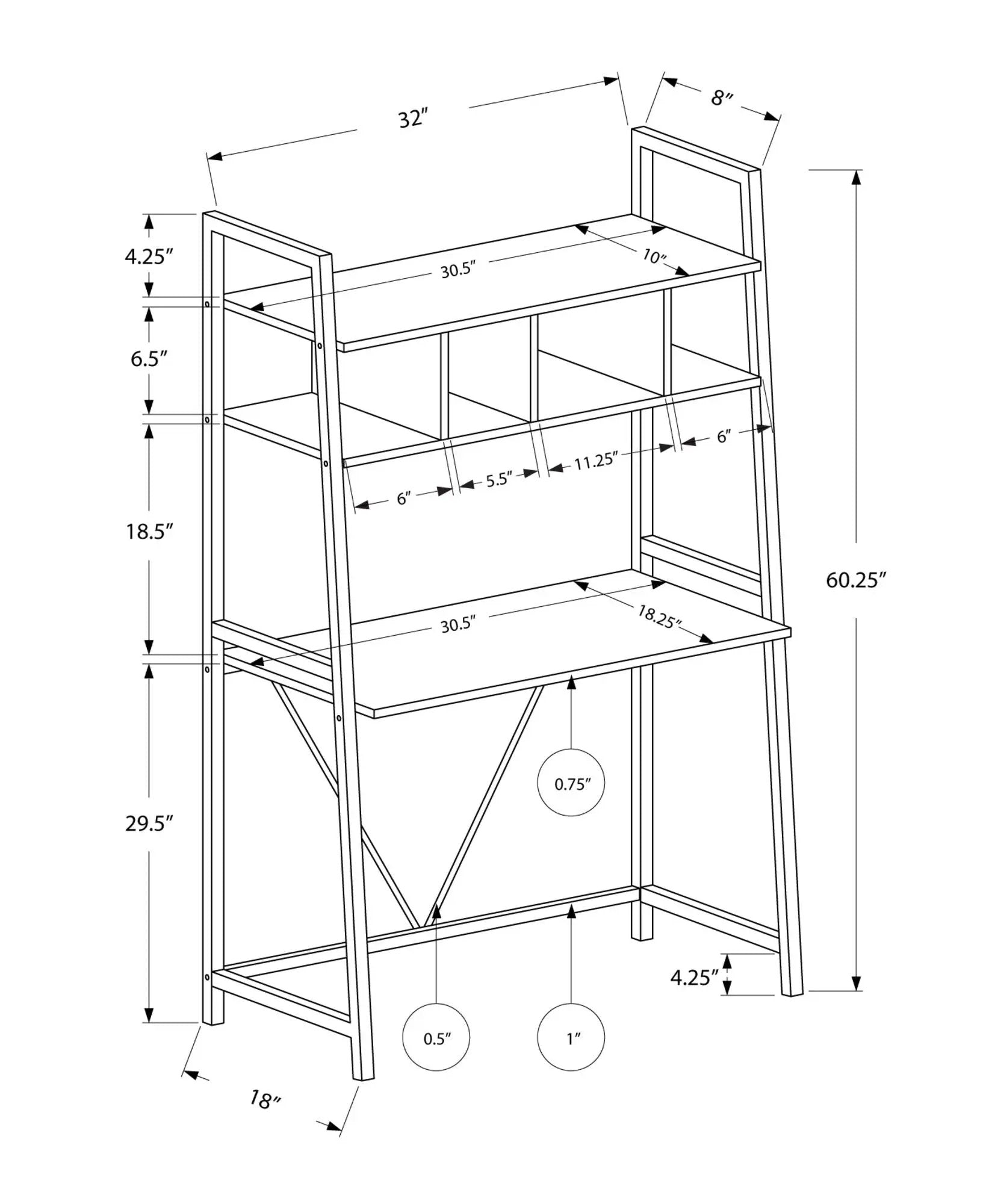 Computer Desk white Unique Piece Furniture with leaning frame and storage shelves schematic on Tampa Home & Garden Store