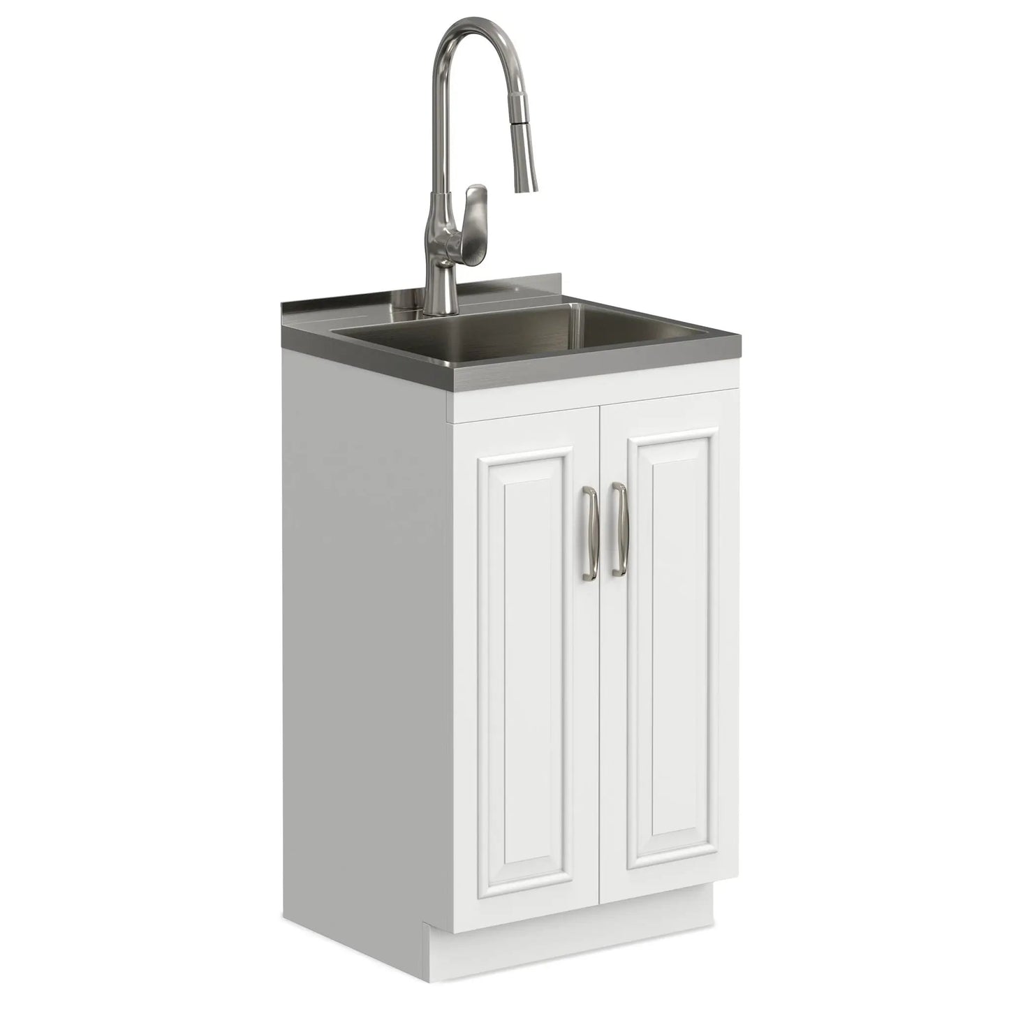 Darwin Deluxe Laundry Cabinet with pull-out faucet, stainless steel sink, white cabinet on Tampa Home & Garden Store