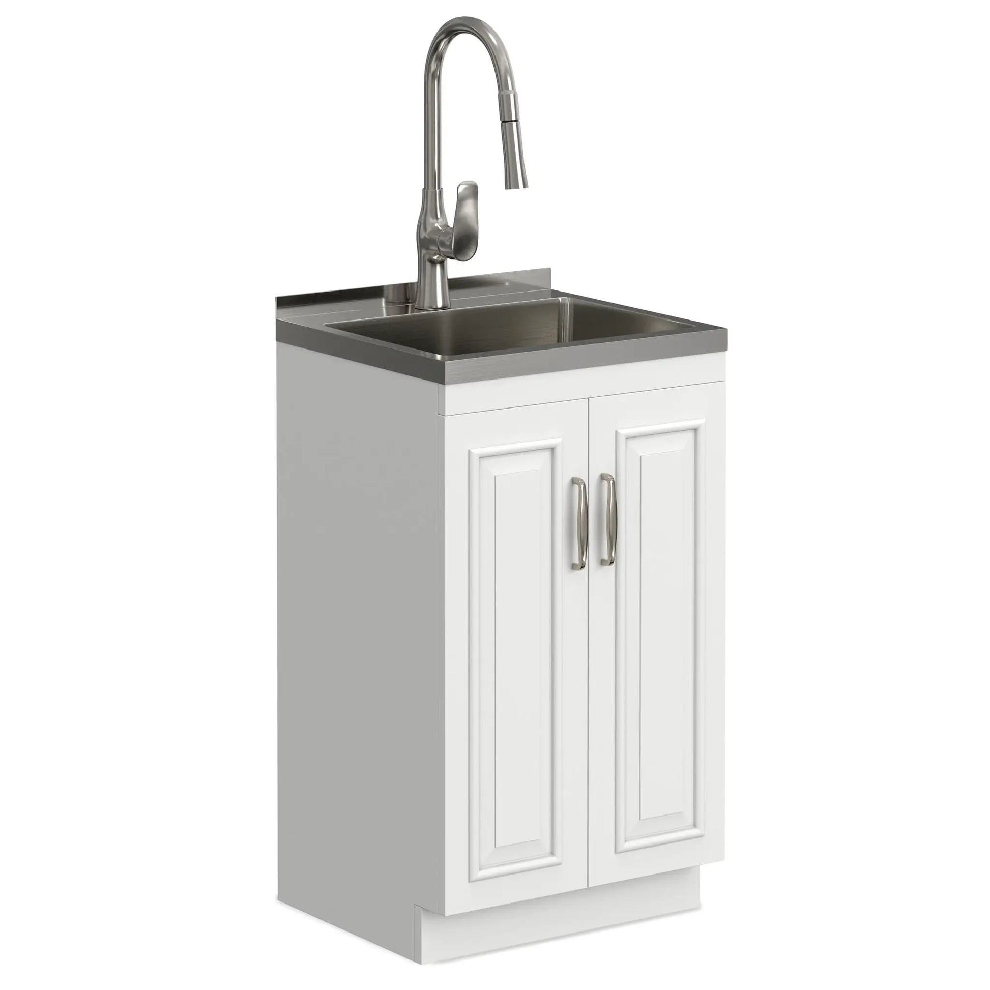 Darwin Deluxe Laundry Cabinet with pull-out faucet, stainless steel sink, white cabinet on Tampa Home & Garden Store