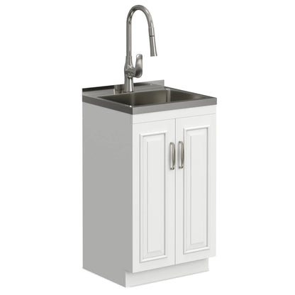 Darwin Deluxe Laundry Cabinet with pull-out faucet, stainless steel sink, white cabinet on Tampa Home & Garden Store