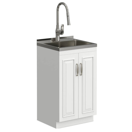 Darwin Deluxe Laundry Cabinet with pull-out faucet, stainless steel sink, white cabinet on Tampa Home & Garden Store