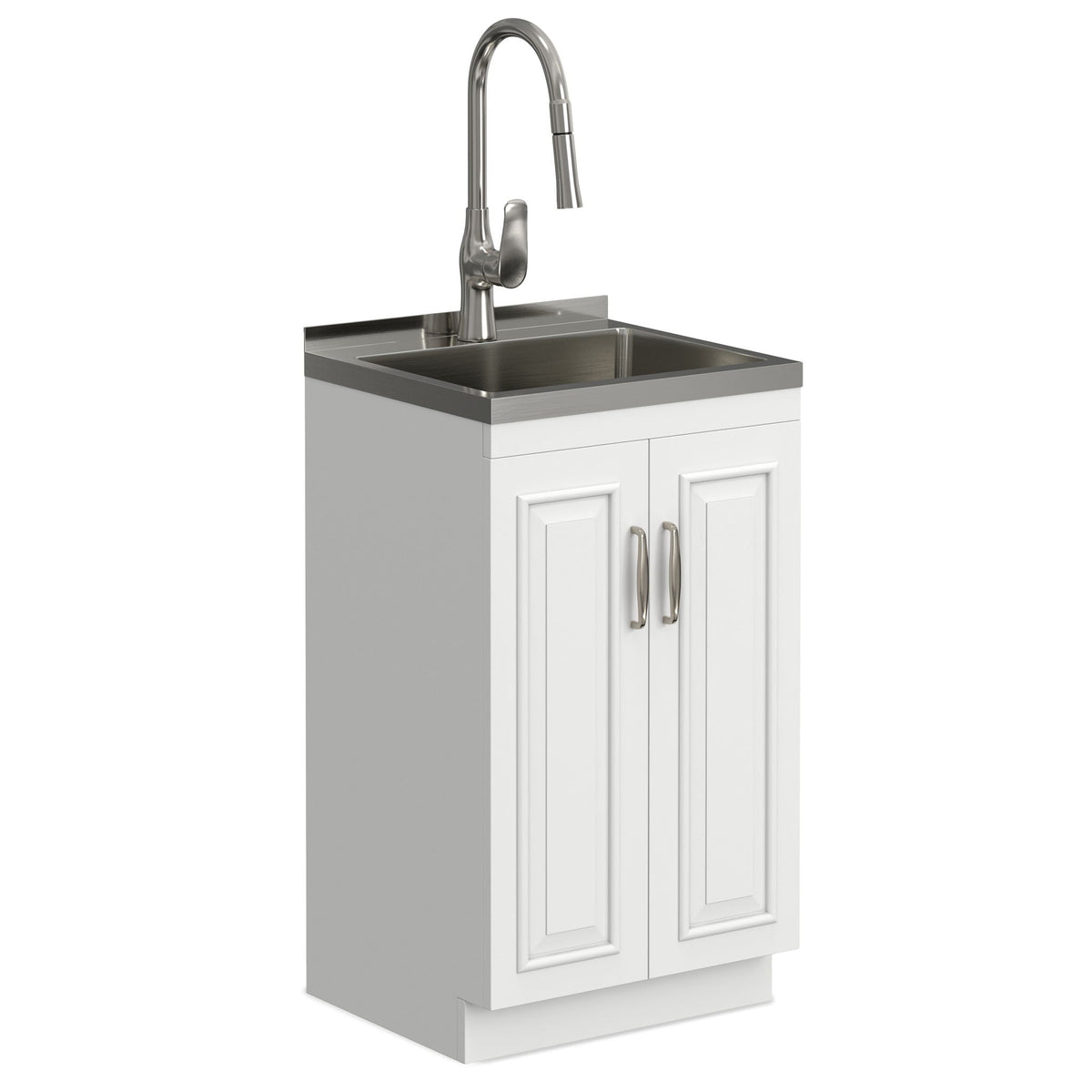 Deluxe Laundry Cabinet and Stainless Steel Sink white vanity with gooseneck faucet HouseOfZazla on Tampa Home & Garden Store
