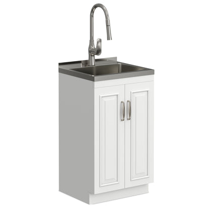 Deluxe Laundry Cabinet and Stainless Steel Sink white vanity with gooseneck faucet HouseOfZazla on Tampa Home & Garden Store