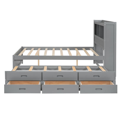 Gray full-size platform bed with trundle, three front drawers and built-in headboard shelves on Tampa Home & Garden Store