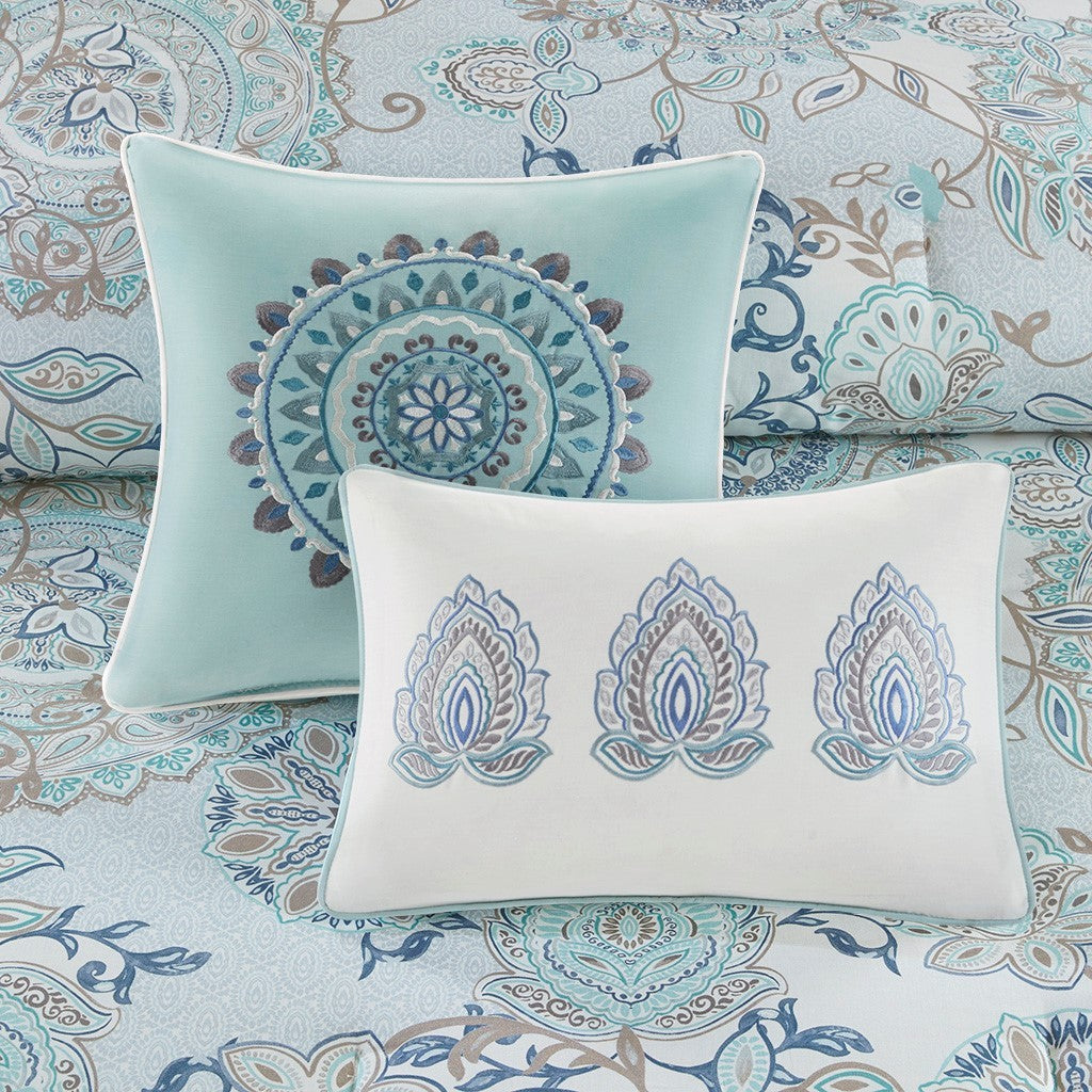 8 Piece Cotton Floral Printed Reversible Comforter Set Blue with mandala pillows on blue bedding on Tampa Home & Garden Store