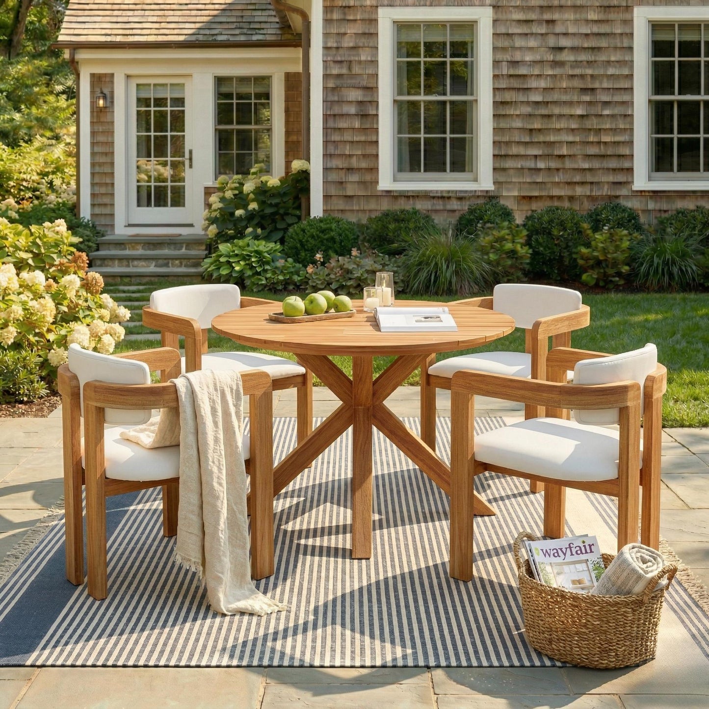 5-Piece Outdoor Acacia Wood Round Dining Set with natural wood and white cushions on Tampa Home & Garden Store