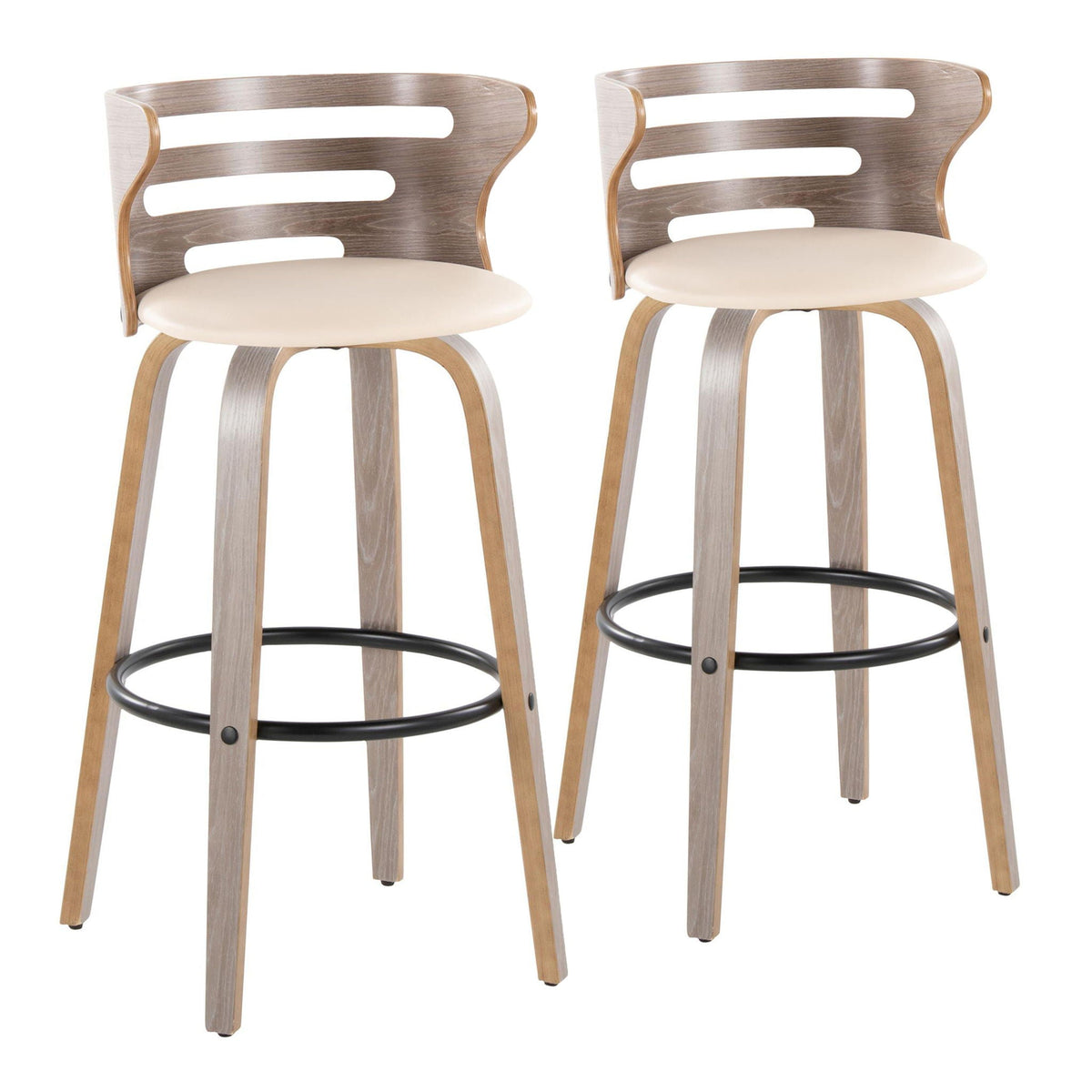 Barstool set: pair of mid-century fixed-height stools, beige upholstery, curved wood backs, black footring on Tampa Home & Garden Store