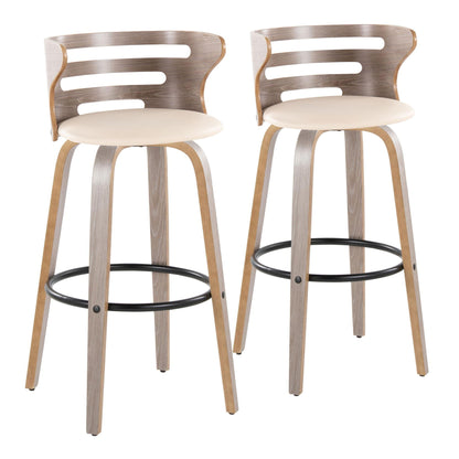 Barstool set: pair of mid-century fixed-height stools, beige upholstery, curved wood backs, black footring on Tampa Home & Garden Store