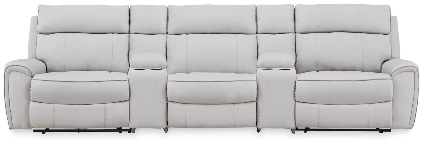 Social Pointe reclining sectional by Unique Piece Furniture in gray microfiber with cupholders on Tampa Home & Garden Store