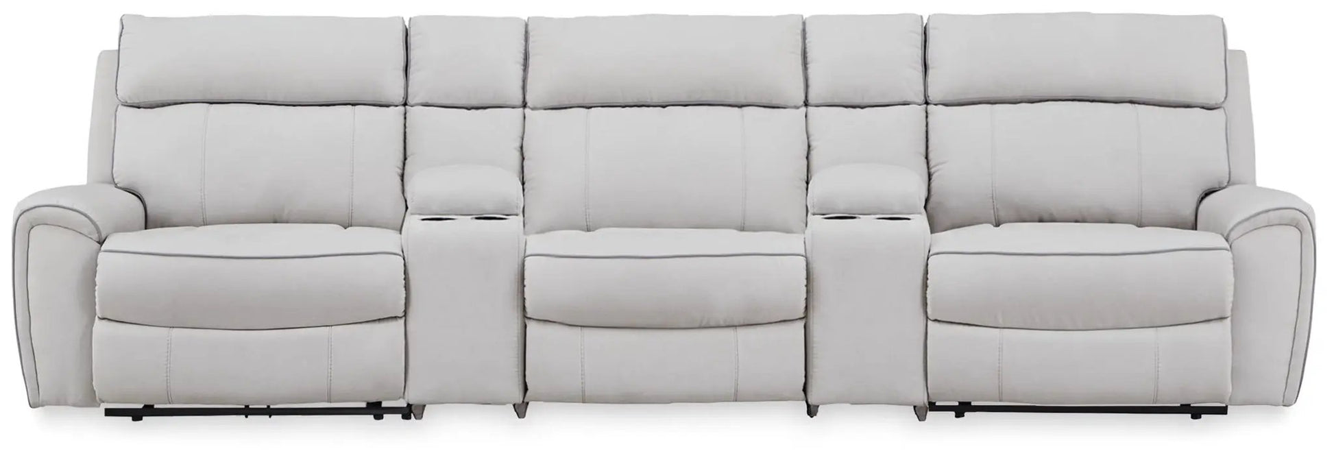 Social Pointe reclining sectional by Unique Piece Furniture in gray microfiber with cupholders on Tampa Home & Garden Store