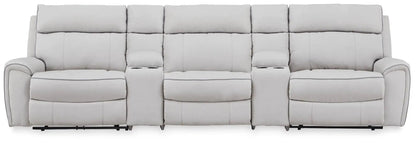 Social Pointe reclining sectional by Unique Piece Furniture in gray microfiber with cupholders on Tampa Home & Garden Store